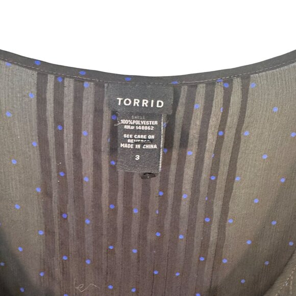 Torrid Womens Size 3 Black Sheer V-Neck Top With 3/4 Sleeves  Blue Polka Dots - Picture 3 of 5